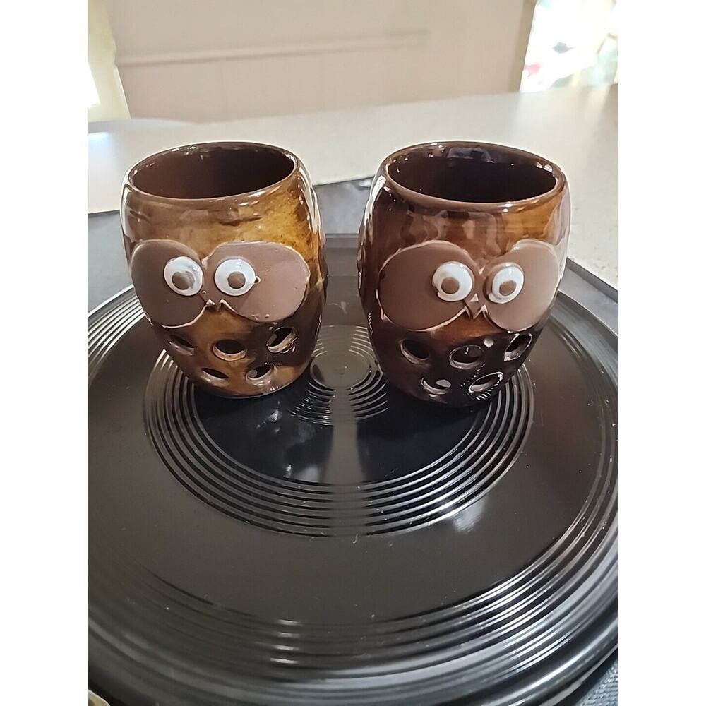 Vintage OMC Otagiri Japan Redware Pottery Owl Candle Brush Pencil Holder Cups